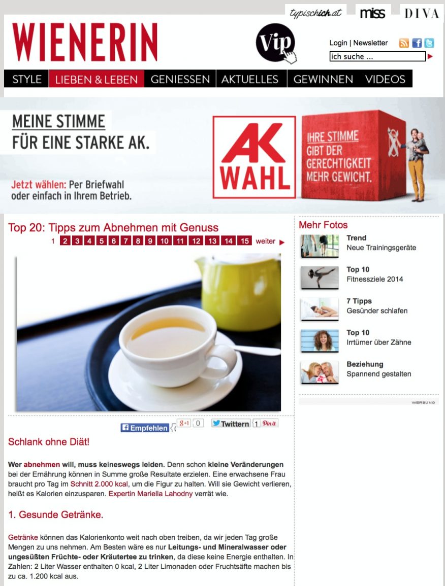 Screenshot Wienerin.at - Top 20: Tipps zum Abnehmen mit Genuss